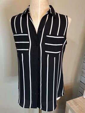 White House Black Market Black and White Vertical Stripe Sleeveless Button Down